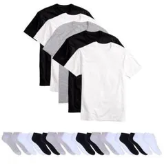 [Cupom para primeira compra] Kit 5 Camisetas Básicas Masculina T-shirt Algodão + 10 Pares De Meias Soquete Colors