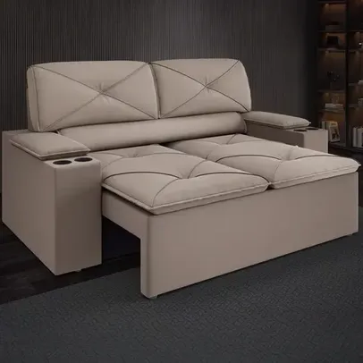 Sofá 2 lugares DDS Next Pop com Assento Retrátil e Encosto Reclinável em Veludo Suede com porta copos - 154 cm de largura - Capuccino