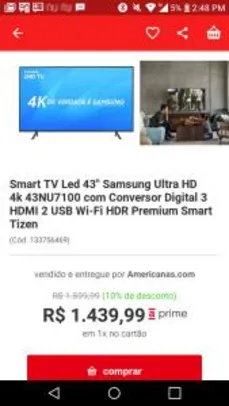 Smart TV Led 43" Samsung Ultra HD 4k 43NU7100 - R$1439