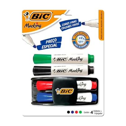 Kit 4 Marcadores de Quadro Branco BIC Marking Cores Clássicas + 1 Apagador, Ponta Resistente, Apaga Fácil, 970929