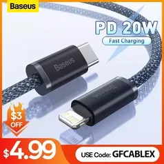 (Novos Usuários R$ 9,29) Cabo Baseus 20 W para IPhone  USB-C para Lighting 