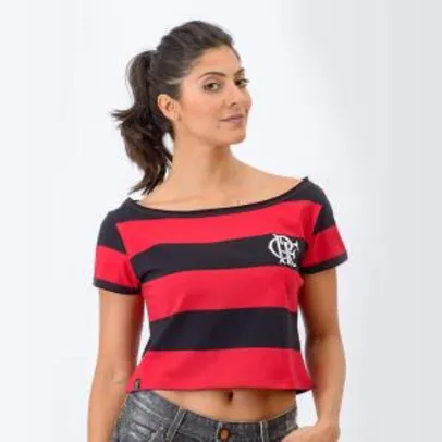 Camisa Flamengo Retrô Baby Look Cropped Feminina - Preto e Vermelho
