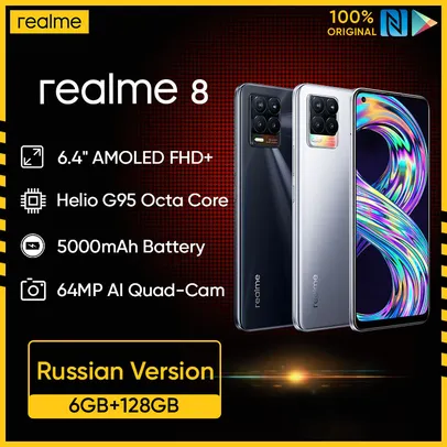 Smartphone Realme 8 6GB RAM 128GB ROM 30W Charge Mobile Phone Helio G95 Octa Core 6.44