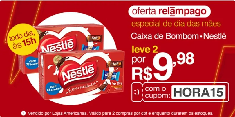 Saindo por R$ 9,98: [APP] Caixa de bombom Nestlé - Especialidades | 2 unid | R$10 | Pelando