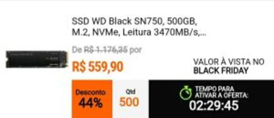 SSD WD Black SN750, 500GB, M.2, NVMe, Leitura 3470MB/s, Gravação 2600MB/s - WDS500G3X0C | R$560