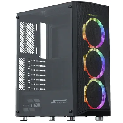 (VOLTOU) Gabinete Gamer SuperFrame Flow, Mid Tower, RGB, Vidro Temperado, ATX, Black, Com 3 Fans