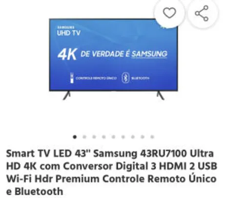Smart TV LED 43'' Samsung 43RU7100 Ultra HD 4K - R$1440