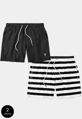 Kit 2 Shorts Bermudas Praia Liso Lisa e Listrado Masculino Tactel Básico Preto