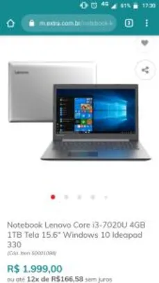 Notebook Lenovo Core i3-7020U 4GB 1TB Tela 15.6" Windows 10 Ideapad 330 R$1999