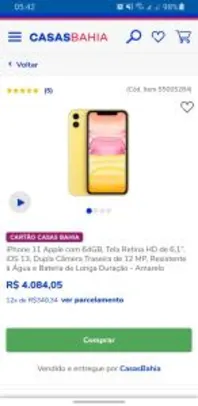 iPhone 11 Apple com 64GB, Tela Retina HD de 6,1 | R$4.084