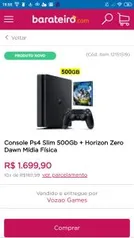 Console Ps4 Slim 500Gb + Horizon Zero Dawn Mídia Física - R$1700