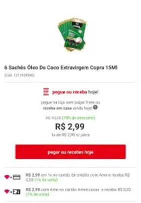 6 Sachês Óleo De Coco Extravirgem Copra 15Ml | R$2,99