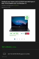 Notebook Acer Aspire 3 Intel AMD Ryzen 5 8GB 1TB HD Radeon 625 | R$3299