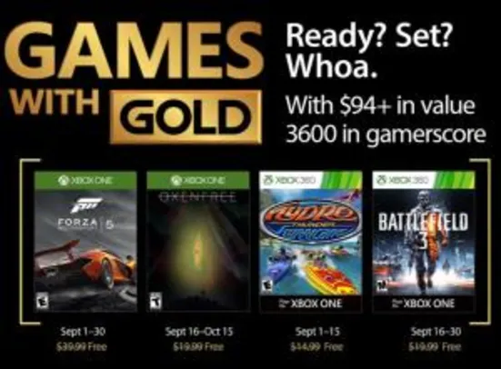 [Grátis] Xbox Games with Gold - Setembro - Forza 5, Hydro Thunder, Oxenfree, Battlefield 3