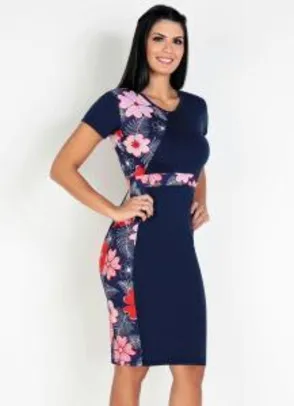 Vestido Moda Evangélica com Recortes Floral Azul - Rosalie R$30