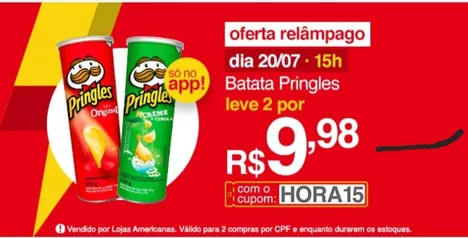 [Somente App] Batata Pringles 2 por R$ 9,98