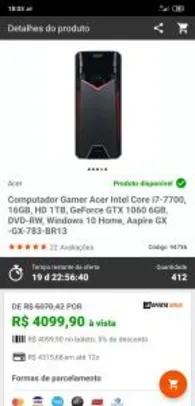 Computador Gamer Acer Intel Core i7-7700, 16GB, HD 1TB, GeForce GTX 1060 6GB, DVD-RW, Windows 10 Home R$4099