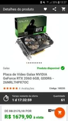 Placa de Vídeo Galax NVIDIA GeForce RTX 2060 6GB, GDDR6 - R$1680