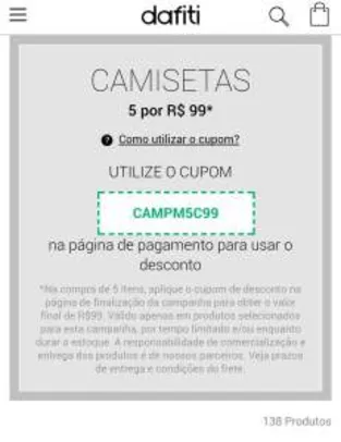 5 camisetas por 99,00 reias na Dafiti