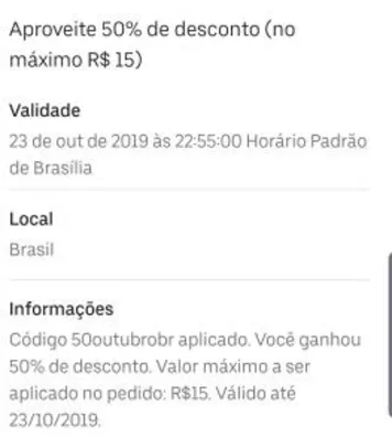 [Usuários Selecionados] 50% OFF no Uber Eats (máximo de R$15)