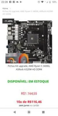 PICHAU KIT UPGRADE, AMD RYZEN 5 3400G, ASROCK A320M-HD DDR4 - R$1.025