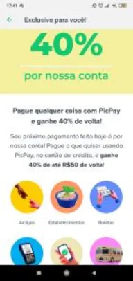 40% Cashback PicPay (usuários selecionados)