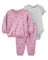 Conjunto Bebê Carter's 3 Peças Moletinho Rosa Claro/Cinza Mescla Tam RN a 24 Meses