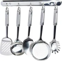 [PRIME]Conjunto Utensílios para Cozinha com Suporte Fixo 6 Peças Euro Inox