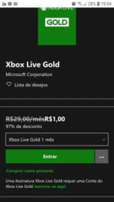Xbox live Gold - R$ 1