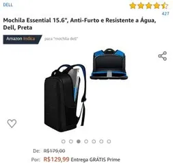 Mochila Essential 15.6", Anti-Furto e Resistente a Água, Dell R$ 130