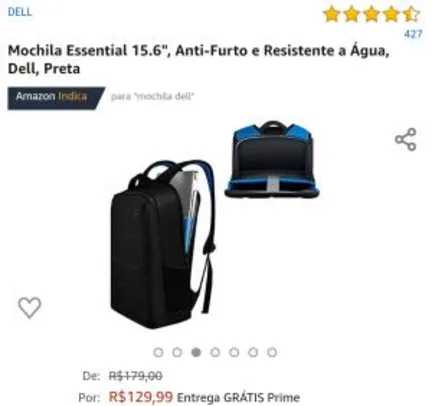 Mochila Essential 15.6", Anti-Furto e Resistente a Água, Dell R$ 130