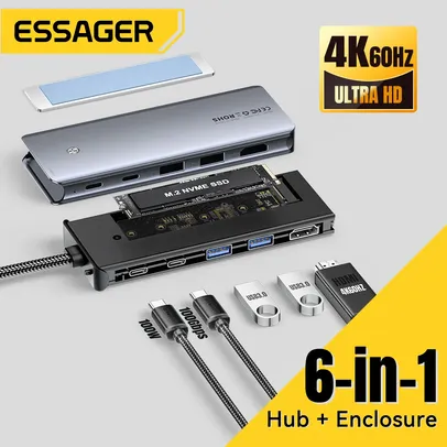 [Com Taxa/ Gpay R$136] Hub Essager 6 in 1 com 2Usb C + 2Usb A + HDMI + Leitor SSD