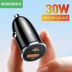 Carregador de Smartphone 30W para Carro Com Duas Portas Tipo C Rocoren