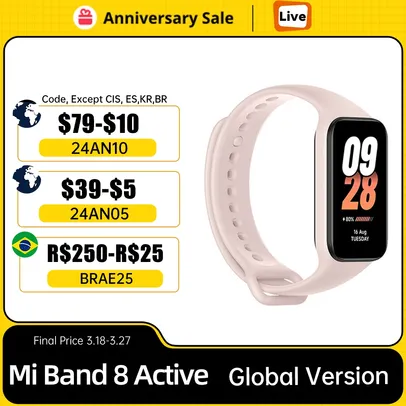 [Taxa Inclusa] Xiaomi Smart Band 8 Active Versão Global com Monitor de Freqüência Cardíaca, Impermeável, 5ATM, + de 50 Modos esportivos