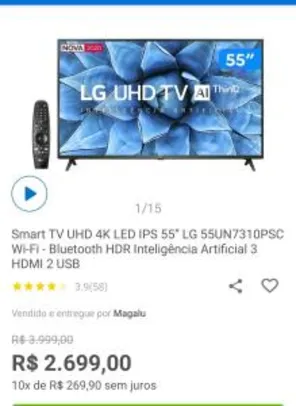 Smart TV UHD 4K LED IPS 55” LG | R$2669