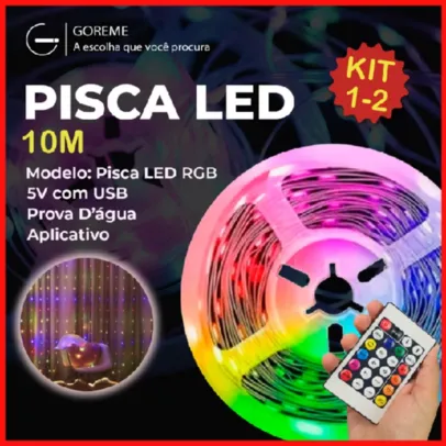  Pisca LED RGB 10M USB + CONTROLE | Controle por aplicativo | A prova d'água, por R$29,99