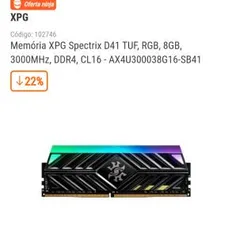 Memória XPG Spectrix D41 TUF, RGB, 8GB, 3000MHz, DDR4, CL16