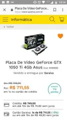 Placa De Vídeo GeForce GTX 1050 Ti 4Gb Asus  - R$711