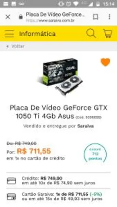 Placa De Vídeo GeForce GTX 1050 Ti 4Gb Asus  - R$711