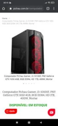 COMPUTADOR PICHAU GAMER, I3-10100F, PNY GEFORCE R$3250