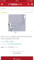 Cabo 3 em 1 Carregador para 30 Pinos, iPhone 8 Pinos e Celulares Micro USB - R$5