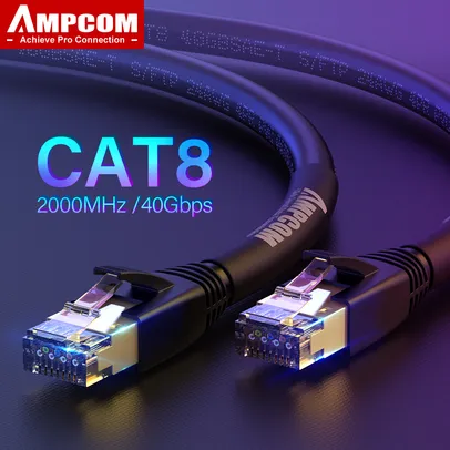 [Conta Nova R$8] AMPCOM 2 metros CAT-8 cabo de rede 40 Gbps / 2000 MHz Conector banhado a ouro