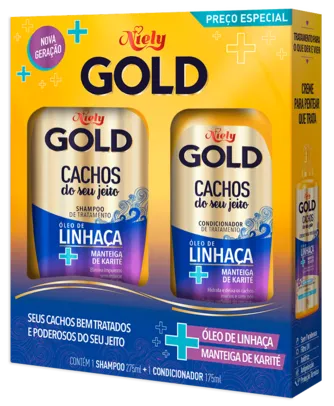 Shampoo Niely Gold Cachos Óleo De Linhaça + Manteiga De Karité 275 Ml + Condicionador Niely Gold Cachos Óleo De Linhaça + Manteiga De Karité 175ml Pre