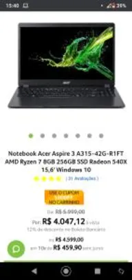 Notebook Acer Aspire 3 A315-42G-R1FT AMD Ryzen 7 8GB 256GB SSD Radeon 540X | R$ 3547