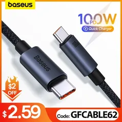 (Primeira Compra R$ 3,77) Baseus-USB C para Tipo C Cabo de carregador rápido