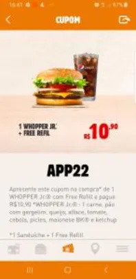 [BK] Whoopper Jr. + Free Refil por R$11