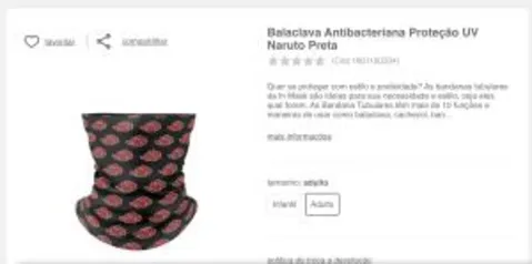 Balaclava Antibacteriana Proteção UV Naruto Preta | R$40