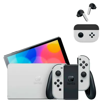 Nintendo Switch Oled Branco + Fone de Ouvido Bluetooth Gamer in-Ear TWS10 Oex Branco e Preto