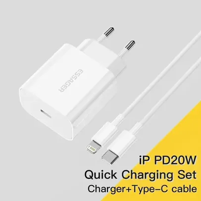 [APP/Taxa Inclusa] - Carregador GaN Essager 20w + Cabo USB C, para iPhone 14 13 12 X Xs 8 Xiaomi Samsung Phone Tablet