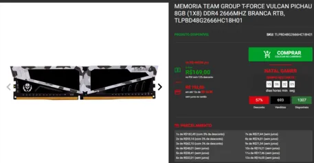 Memoria Team Group T-Force Vulcan Pichau 8GB (1x8) DDR4 2666MHz Branca RTB, TLPBD48G2666HC18H01